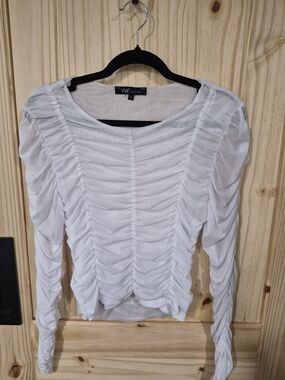 YMI Collection White Mesh Ruched Long Sleeve Blouse